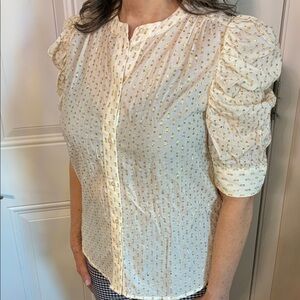 GAP Ivory Blouse with Gold Metallic Dot Puff Sleeves